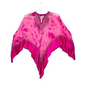 ADRIENNE LANDAU Pink Silk‎ Watercolor Embroider Wrap Shawl Fairy Core Whimsigoth